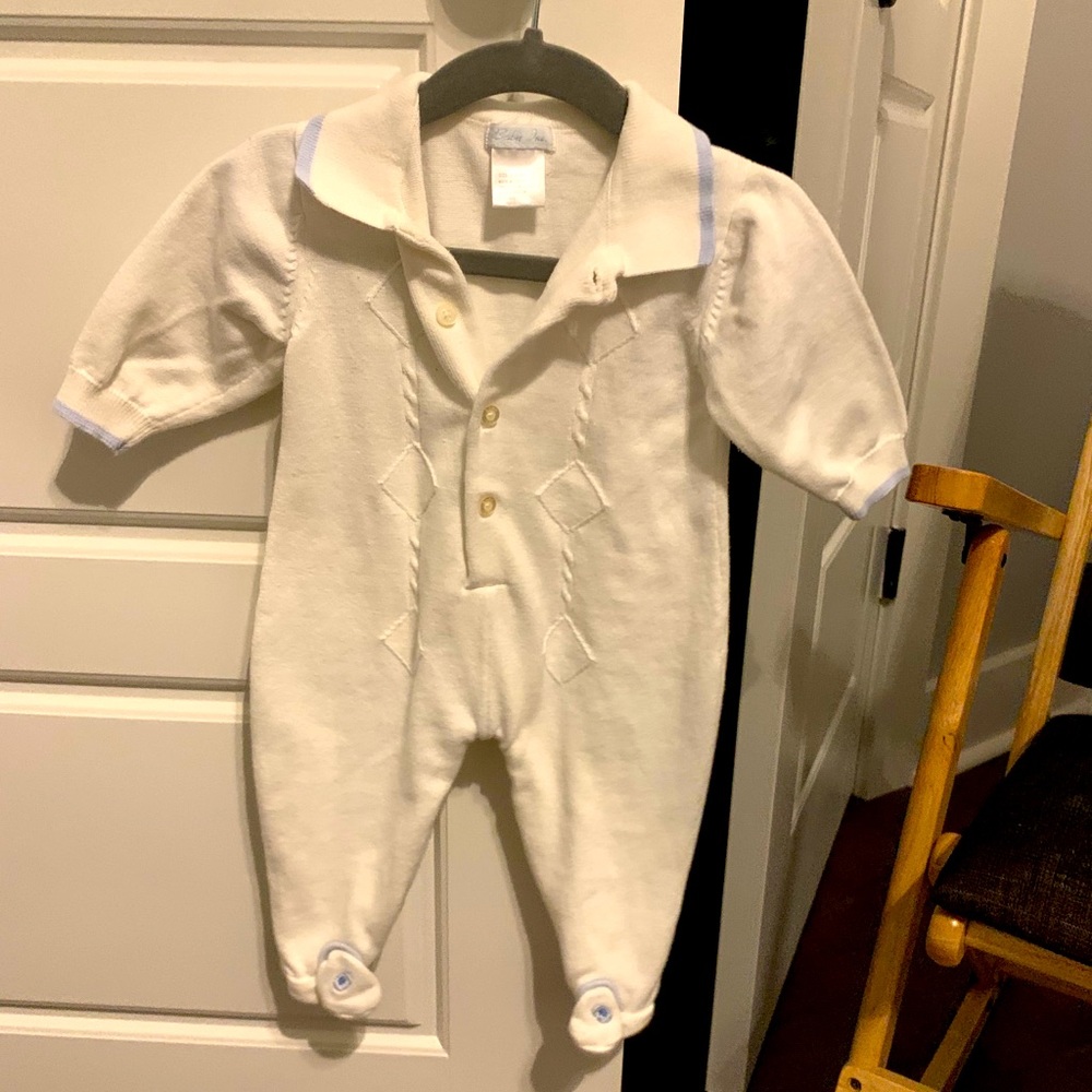 Baby Inc white romper with blue football detail